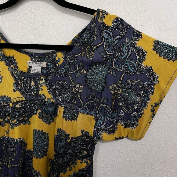 Nieves Lavi Vintage New York Yellow Blue 100% Silk Paisley Top Blouse Size M - Picture 6 of 11